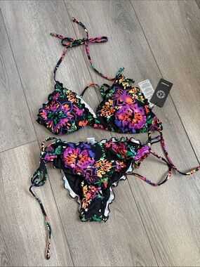 RELLECIGA Black Floral Multicolor Ruffle Triangle Bikini